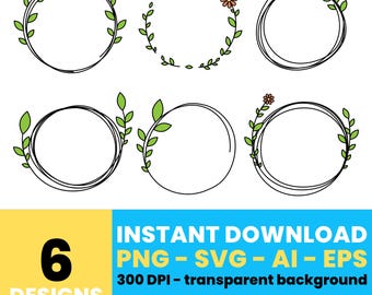 Floral Circle Frames Clipart – Hand-Drawn Leaf Wreaths, Digital Designs for Invitations, Crafts, and Decor, Instant Download – CLP1006