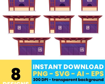 Building Facade Clipart – Digital Shop Illustrations, Vector Art for Games and Projects, Instant Download – CLP634