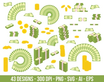 Coins and banknotes clipart set. Digital images or vector graphics for commercial and personal use.