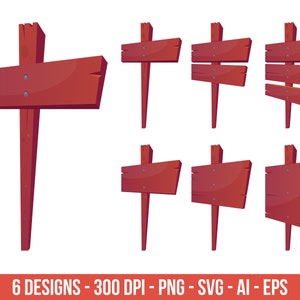 May include: Six different designs of wooden signs with a red-brown finish. The signs are all rectangular and have a pointed top. Some signs have a single plank, while others have two or three planks stacked on top of each other. The signs are isolated on a white background.