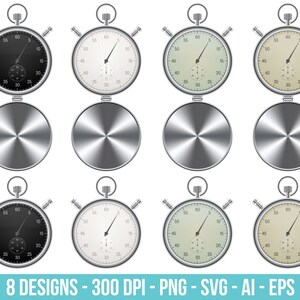 May include: Eight different designs of a silver stopwatch with a black, white, green, and beige face. The stopwatch has a silver metal band and a black hand.