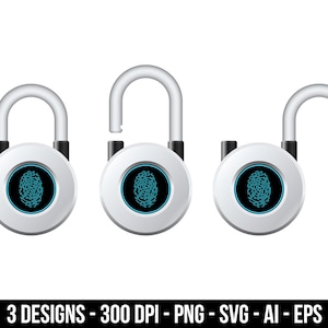 Modern padlock with fingerprint opening system clipart set. Digital images or vector graphics for commercial and personal use.