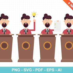 Businessman is speaking on podium in different actions clipart. Character, rostrum, talk, businessman, cartoon. Vector Clipart Print.