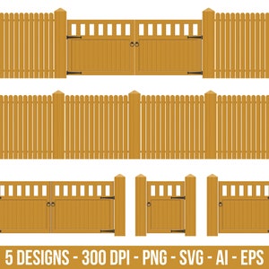 May include: Five different designs of wooden fences with gates. The fences are made of vertical wooden slats and the gates have a simple design with horizontal slats. The gates are closed and have black hinges.