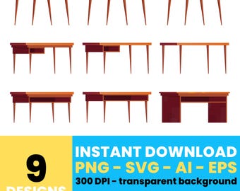 Mid-Century Modern Desk Clipart – Wooden Office Tables, Vector Graphics for Design Projects, Instant Download – CLP1136