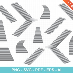 May include: Twelve different views of a gray concrete staircase. The staircase is shown from various angles, including straight on, from the side, and from above. The staircase is a simple design with no railings or other embellishments.