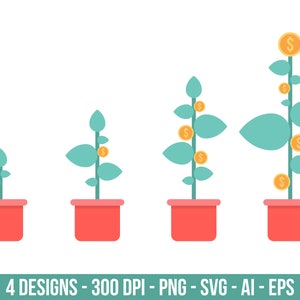 Potted plant with gold coins clipart set. Digital images or vector graphics for commercial and personal use.