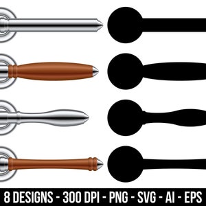 Puede incluir: Ocho diseños diferentes de tiradores de puerta, cuatro en plata y cuatro en negro. Los tiradores se muestran en silueta y en color. Los tiradores tienen todos la misma forma, pero diferentes acabados.