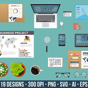 Clipart-set med verktyg för företagsskrivbordet. Digitala bilder eller vektorgrafik för kommersiellt och personligt bruk.