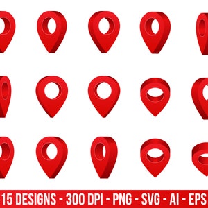 May include: Fifteen different designs of red 3D location pin icons. The icons are in various positions and angles, showing the front, side, and top views.