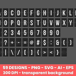 Mechanische Anzeigetafel Alphabet und Zahlen Clipart-Set. Digitale Bilder oder Vektorgrafiken für den kommerziellen und persönlichen Gebrauch.