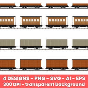 May include: Four different designs of train cars, each with a brown wooden body and black wheels. The cars are on a set of train tracks. The background is white.