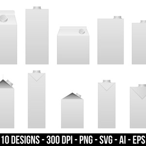 May include: Ten different designs of blank white cardboard milk cartons with a fold-top spout and a cap. The cartons are arranged in two rows of five. The cartons are all the same size and shape, but they have different fold-top spout designs.