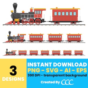Vintage Zug Clipart - digitale Lokomotive und Waggongrafik, Vektorgrafik für kreative Projekte, Sofort-Download - CLP41