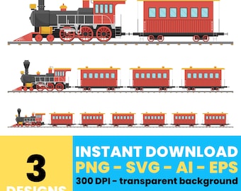 Vintage treinclipart – digitale afbeeldingen locomotief en treinwagon, vectorkunst voor creatieve projecten, direct downloaden – CLP41