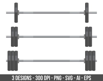 May include: Three different designs of a barbell with weight plates. The barbell is silver and the weight plates are black.
