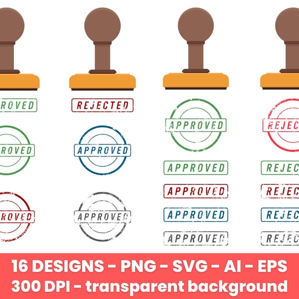 Wooden stamper and stamp mark with approved and rejected text clipart set. Digital images for commercial and personal use.