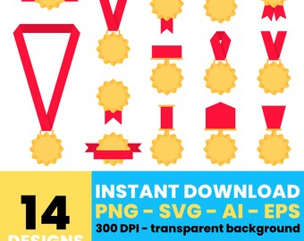 Gold Medal Clipart Set – Award Ribbons and Badges Digital Graphics for Certificates and Crafts – CLP849