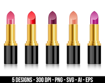 Op de afbeelding: Vijf verschillende lippenstiftbuizen met gouden doppen en zwarte bases. De lippenstiften zijn in tinten roze, rood, paars en nude.