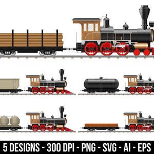 May include: Five different designs of a black and brown vintage steam locomotive train with red wheels. The train is pulling different types of cargo cars, including a flatbed car with logs, a boxcar, a tank car, and a flatbed car with a wooden platform.