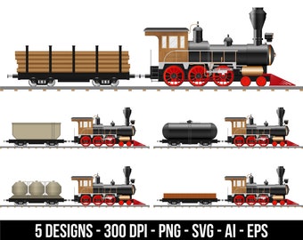 Vintage steam locomotive and wagon clipart set. Digital images or vector graphics for commercial and personal use.