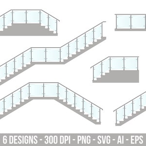Puede incluir: Seis diseños diferentes de escaleras de vidrio y metal con barandillas. Las escaleras son todas de estilo simple y moderno.