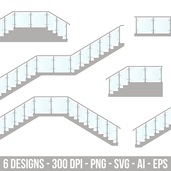 Stairs with glass railing clipart set. Digital images or vector graphics for commercial and personal use.
