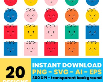 Kawaii Emotions Faces Clipart – Adorable Digital Expressions for Crafts, Stickers, and DIY Projects, Instant Download – CLP967