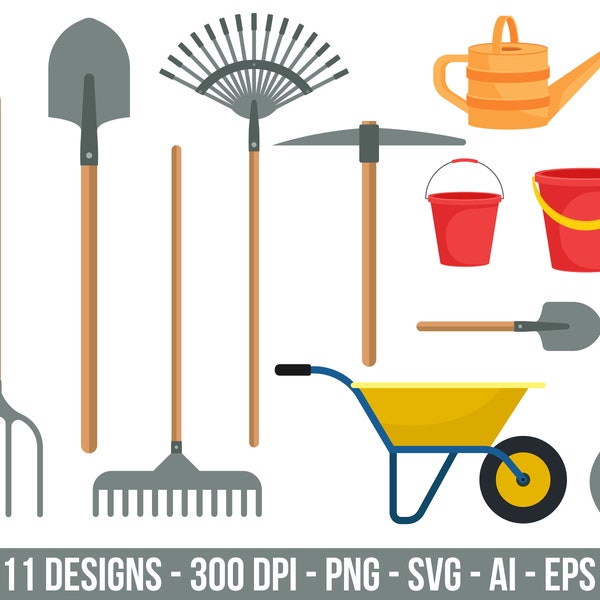 Gardening tools clipart set. Digital images or vector graphics for commercial and personal use.