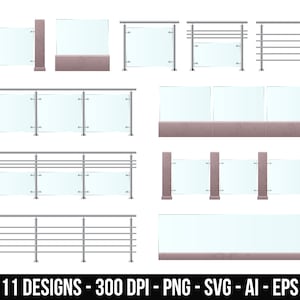 Puede incluir: Once diseños diferentes de barandillas de vidrio y acero inoxidable. Las barandillas están hechas de paneles de vidrio transparente y barras de metal plateadas. Algunos diseños incluyen una base de piedra.