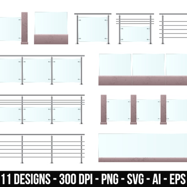 Modern glass railing clipart set. Digital images or vector graphics for commercial and personal use.