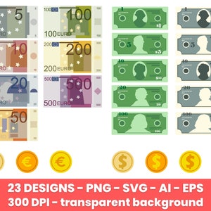 Insieme di clipart di banconote e monete in valuta euro e dollaro. Immagini digitali o grafica vettoriale per uso commerciale e personale.