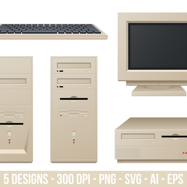 Antiguo conjunto de imágenes prediseñadas de computadora vintage. Imágenes digitales o gráficos vectoriales para uso comercial y personal.