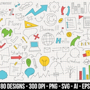 Ensemble de clipart dessiné à la main par des icônes d’affaires. Images numériques ou graphiques vectoriels à usage commercial et personnel.