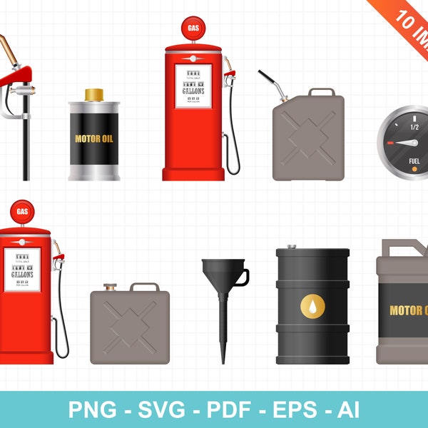 Fuel equipment clip art. Gas pump, funnel, gauge, tank, pump,  oil. Vector Clipart Print.