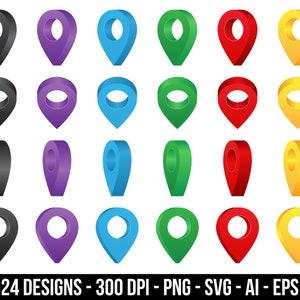 以下が含まれることがあります： 黒、紫、青、緑、赤、黄など、さまざまな色の3D位置ピンアイコン24個のセット。各アイコンは、中央に穴のある丸みを帯びた形をしています。