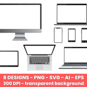 May include: A set of eight blank device mockups, including a desktop computer, laptop, tablet, and three smartphones. The devices are all white with black screens and are isolated on a transparent background.