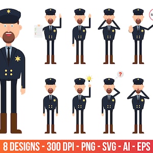 Carácter seriff en diferentes posiciones y emociones clip art, descarga de personajes del hombre, impresión de imágenes prediseñadas vector