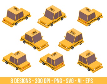 Isometric taxi car clipart set. Digital images or vector graphics for commercial and personal use.