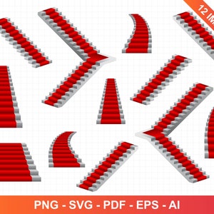 May include: Twelve different views of a red carpet staircase. The staircase is white with red carpet and is shown from different angles.