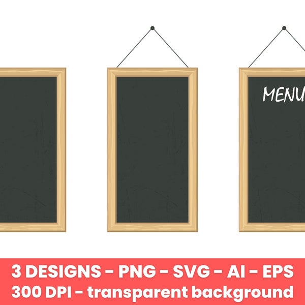 Menu chalkboard with wooden frame clipart set. Digital images or vector graphics for commercial and personal use.