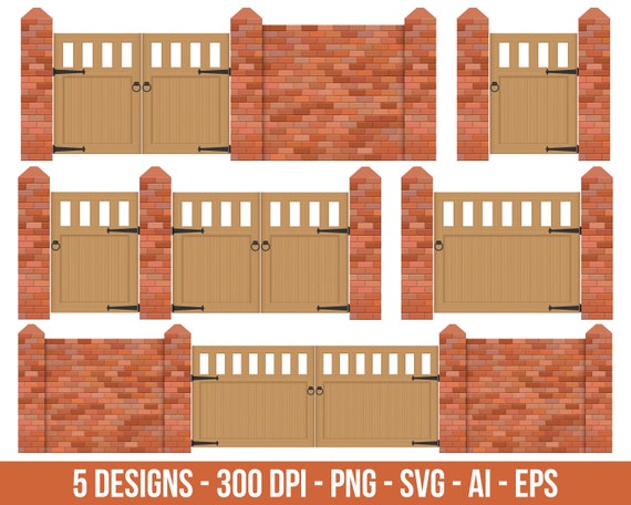 Brick Fence With Wooden Gate Clipart Set. Digital Images or - Etsy Brick Fence With Wooden Gate Clipart Set. Digital Images or - Etsy
