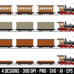 May include: Four designs of a vintage-style train engine pulling a variety of boxcars. The engine is black with red wheels and gold accents. The boxcars are brown, gray, and a light brown wood color. The train is on a set of tracks.