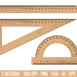 May include: Three wooden rulers, including a protractor, a straight ruler, and a triangle ruler. The protractor has markings from 10 to 170 degrees. The straight ruler has markings from 1 to 25. The triangle ruler has markings from 1 to 23.