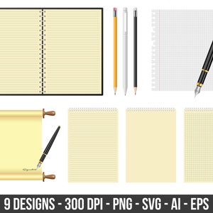 Notizbuch mit Bleistift, Stift und Füllfederhalter Clipart Set. Digitale Bilder oder Vektorgrafiken für den kommerziellen und persönlichen Gebrauch.