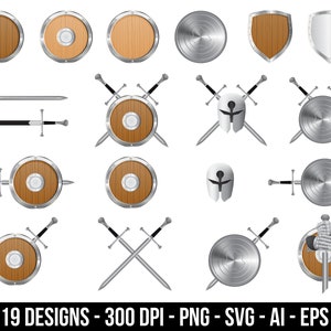Medieval sword and shield clipart set. Digital images or vector graphics for commercial and personal use.