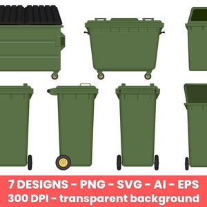 Peut inclure: Sept designs différents de poubelles vertes avec des roues. Les poubelles sont présentées dans différentes positions, notamment fermées, ouvertes et avec le couvercle fermé. Les poubelles sont isolées sur un fond blanc.