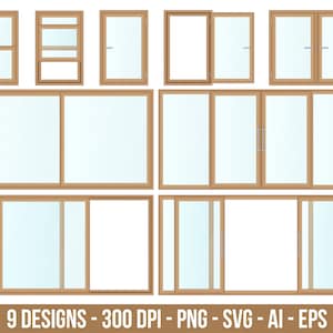 Geopend en gesloten balkon schuifdeur clipart set. Digitale afbeeldingen of vectorafbeeldingen voor commercieel en persoonlijk gebruik.