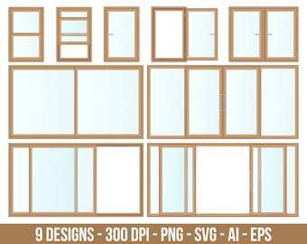 Conjunto de imágenes prediseñadas de puertas correderas con balcón abierto y cerrado. Imágenes digitales o gráficos vectoriales para uso comercial y personal.