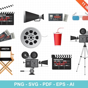 Cinema objects  clipart. Clapper board, megaphone, movie tickets, director chair, popcorn, reel, retro projector. Vector Clipart Print